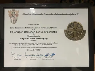 Urkunde 50 Jahre Schützenhalle Richrath